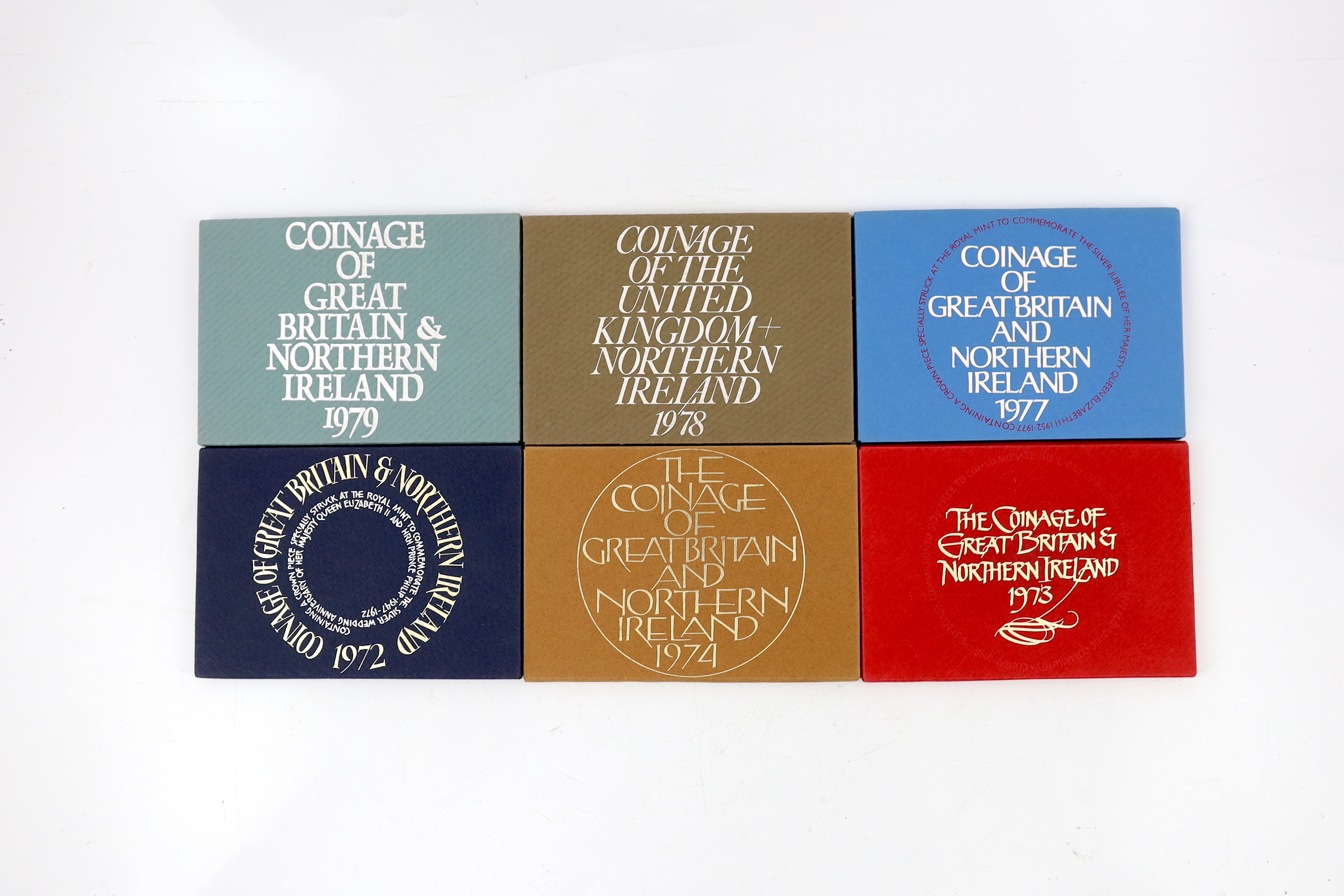 Royal Mint, QEII coins, twelve GB proof coin year sets, 1970-1982